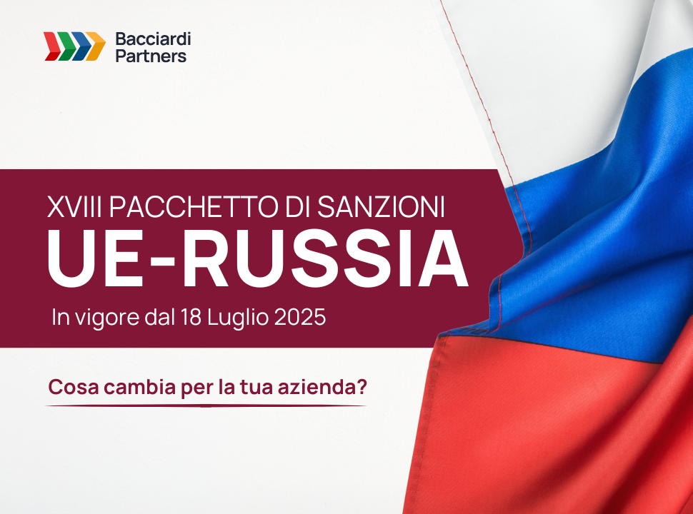 bandiera russia, 18 pacchetto di sanzioni, logo Bacciardi Partners