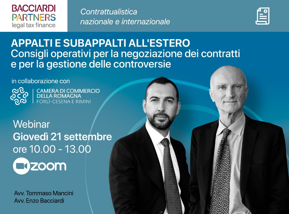 Locandina per promuovere il webinar appalti e subappalti all'estero con foto dell'Avv. Tommaso Mancini e Avv Enzo Bacciardi. Bacciardi Partners