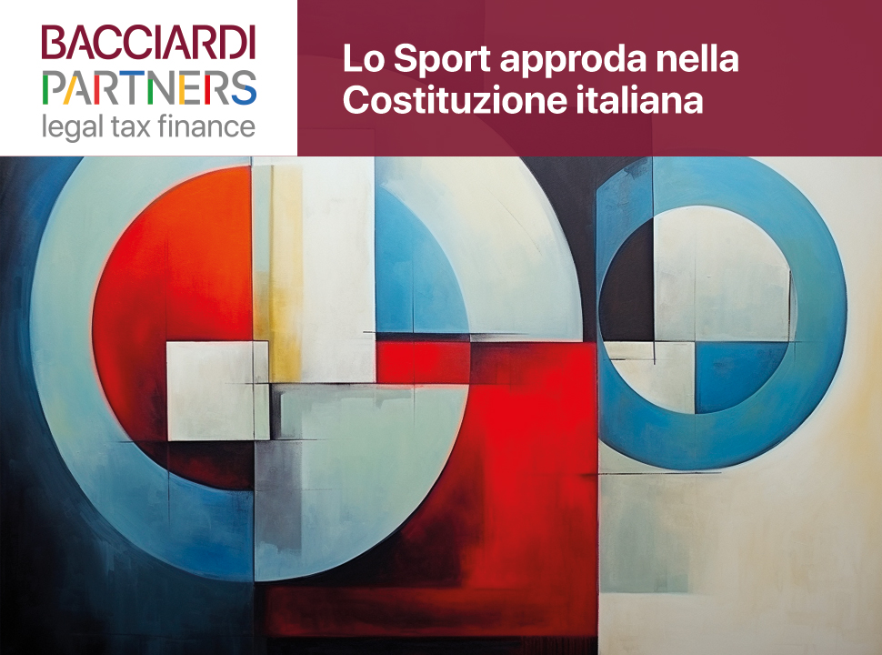 Logo Bacciardi Partners, Titolo "Lo Sport approda nella Costituzione italiana", immagine raffigurante pittura minimalista e astratta di forme e colori semplici su sfondo solido