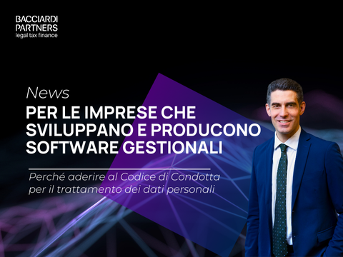 oto avvocato Federico Alessandri, logo Bacciardi Partners, testo: per le imprese che sviluppano e producono software gestionali. Perché aderire al Codice di Condotta per il trattamento dei dati personaliv
