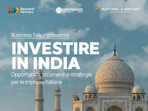Taj mahal sullo sfondo. Titolo Convegno Investire in India: opportunità, Strumenti e Strategie per le Imprese Italiane, logo Bacciardi Partners, Dezan SHira & Associate,