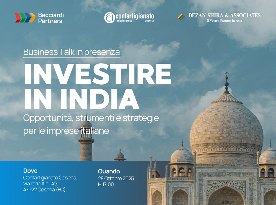 Taj mahal sullo sfondo. Titolo Convegno Investire in India: opportunità, Strumenti e Strategie per le Imprese Italiane, logo Bacciardi Partners, Dezan SHira & Associate,