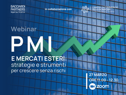 Webinar PMI e Mercati esteri, Logo Bacciardi Partners e Camera di Commercio della Romagna, immagine di una freccia verde su un palazzo di vetro