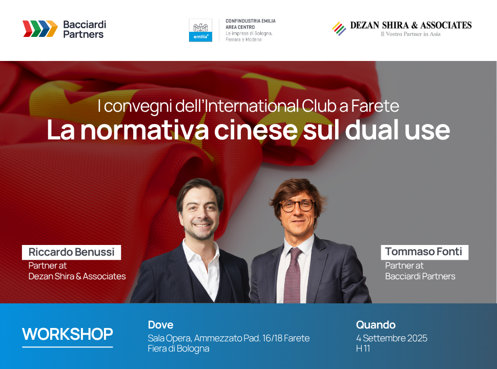 Riccardo Benussi, Dezan Shira & Associate e Tommaso Fonti Bacciardi Partners, Convegno confidustria emilia, farete 2025, La normativa cinese sul dual use