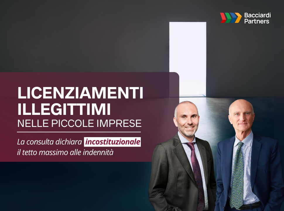 Avv. Enzo Bacciardi, Avv. Sacchi Michele, logo bacciardi Partners, sfondo stanza vuota in ombra, porta aperta luminosa, licenziamenti illegittimi