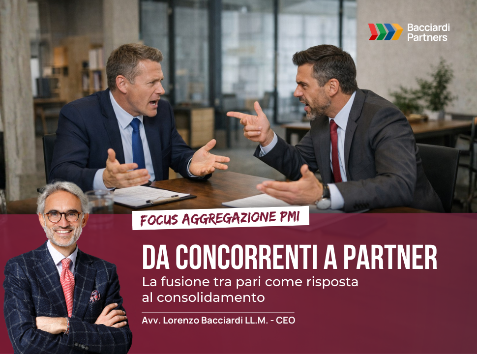 Due uomini d'affari che discutono. il testo cita "Da concorrenti a partner"