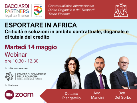 Bacciardi Partners e Camera di commercio, webinar esportazione in Africa.
Avvocato Tommaso Mancini, dottore Del Sorbo, dottoressa Piangatello.