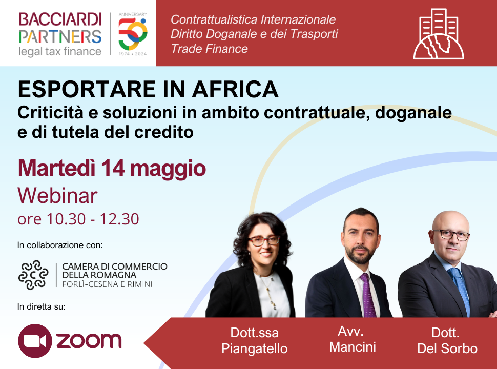 Bacciardi Partners e Camera di Commercio, webinar esportazione in Africa.
Avvocato Tommaso Mancini, dottore Del Sorbo, dottoressa Piangatello.