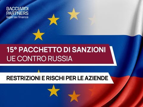 bandiera Russia e UE, 15 pacchetto di sanzioni, logo Bacciardi Partners